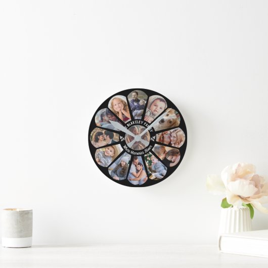 Familie Foto Collage 13 Custom Bloem Vorm Zwart Ronde Klok (Huis)