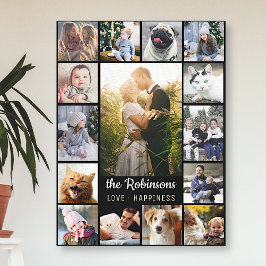 Familie Foto Collage 15 Afbeeldingen + Naam Black  Canvas Afdruk