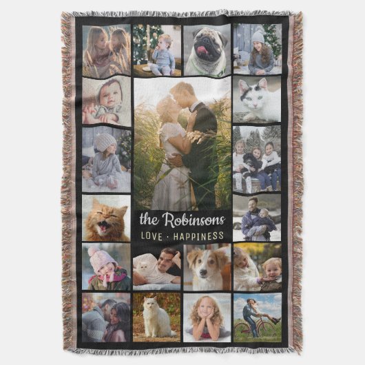 Familie Foto Collage 15 Afbeeldingen + Naam Black Deken (Voorkant Verticaal)