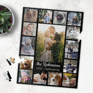 Familie Foto Collage 15 Afbeeldingen + Naam Black  Legpuzzel