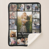 Familie Foto Collage 15 Afbeeldingen + Naam Black  Sherpa Deken (Voorkant)