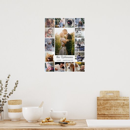Familie Foto Collage 15 Afbeeldingen + Naam Gray W Poster (Keuken)