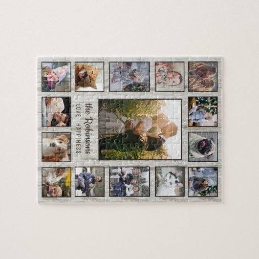 Familie Foto Collage 15 Afbeeldingen Naam Houtkorr Legpuzzel (Horizontaal)