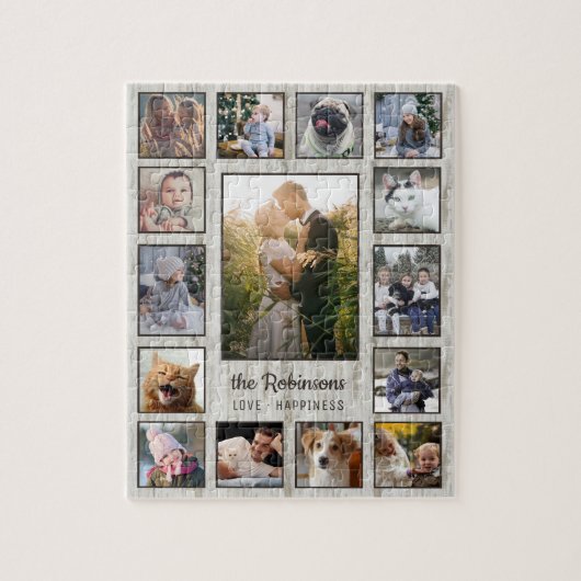 Familie Foto Collage 15 Afbeeldingen Naam Houtkorr Legpuzzel (Verticaal)