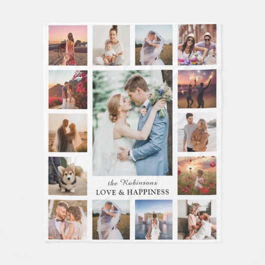 Familie Foto Collage 15 Afbeeldingen + Naam Wit Fleece Deken (Voorkant)