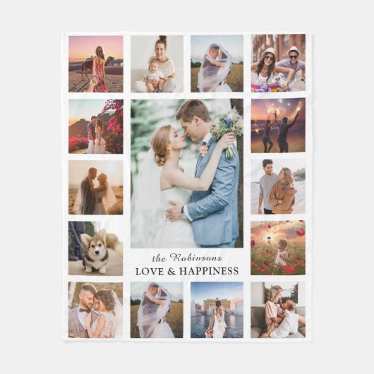 Familie Foto Collage 15 Afbeeldingen + Naam Wit Fleece Deken (Voorkant)