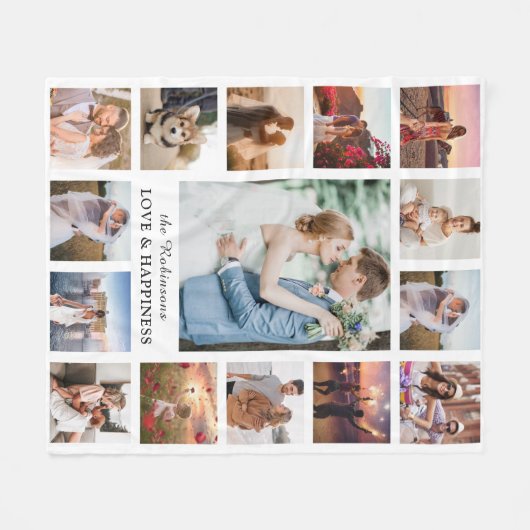 Familie Foto Collage 15 Afbeeldingen + Naam Wit Fleece Deken (Voorkant (Horizontaal))