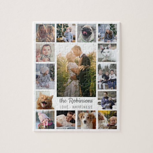 Familie Foto Collage 15 Afbeeldingen + Naam Wit Ge Legpuzzel (Verticaal)