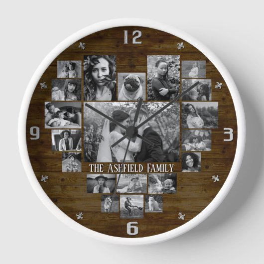 Familie Foto Collage 20 B&W Heart Pics + Name Wood (Voorkant)