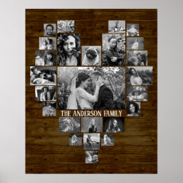 Familie Foto Collage 25 B&W Heart Pics + Name Wood Poster