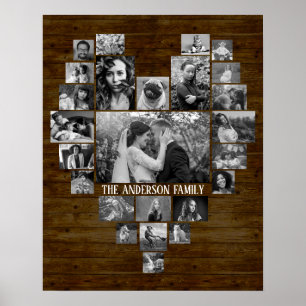 Familie Foto Collage 25 B&W Heart Pics + Name Wood Poster