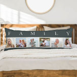 FAMILIE Foto Collage 6 Afbeelding Grauwe grijs Lichaamskussen<br><div class="desc">Gepersonaliseerde lange kussen met het woord FAMILY dat boven uw foto's wordt geschreven. Het fotomalplaatje is opstelling voor u om 6 van uw favoriete afbeeldingen toe te voegen, die in vierkant formaat in een eenvoudige, stripstijl, fotocollage worden getoond. Dit slimme en stijlvolle maatstuk van home decor heeft een kleurpalet van...</div>