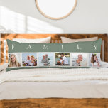 FAMILIE Foto Collage 6 Afbeelding Green Body Pillo Lichaamskussen<br><div class="desc">Gepersonaliseerde lange kussen met het woord FAMILY dat boven uw foto's wordt geschreven. Het fotomalplaatje is opstelling voor u om 6 van uw favoriete afbeeldingen toe te voegen, die in vierkant formaat in een eenvoudige, stripstijl, fotocollage worden getoond. Dit slimme en stijlvolle maatstuk van home decor heeft een trendy kleurenpalet...</div>