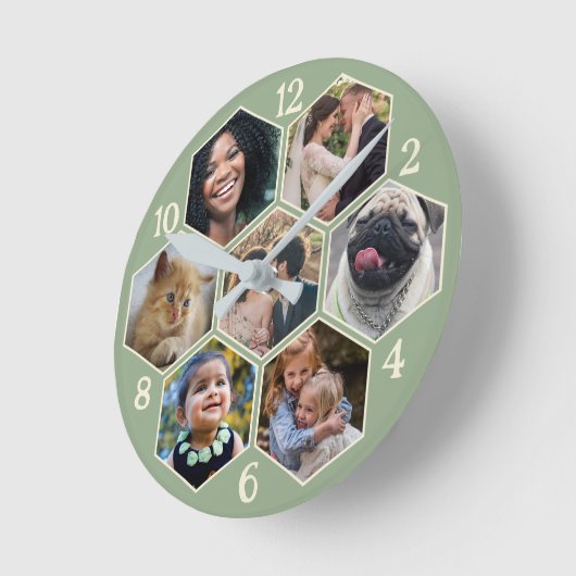 Familie Foto Collage 7 Aangepaste Sage Hexagon Blo Ronde Klok (Hoek)