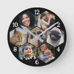 Familie Foto Collage 7 Custom Black Hexagon Bloem Ronde Klok