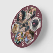 Familie Foto Collage 7 Custom Bourgondië Rood Hexa Ronde Klok (Hoek)