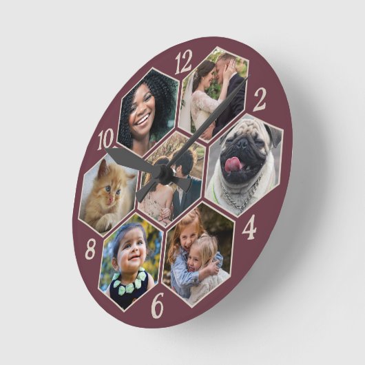 Familie Foto Collage 7 Custom Bourgondië Rood Hexa Ronde Klok (Hoek)
