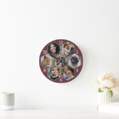 Familie Foto Collage 7 Custom Bourgondië Rood Hexa Ronde Klok (Huis)