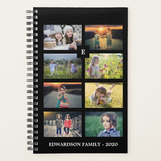 Familie foto collage 8 foto's zwart gepersonalisee planner (Voorkant)