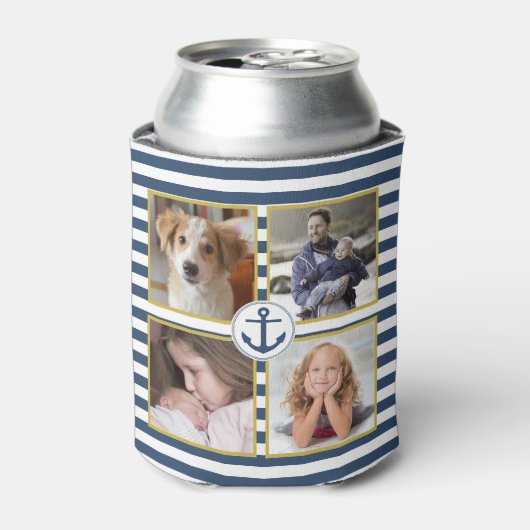 Familie Foto Collage 8 Stuks Monogram Anker Streep Blikjeskoeler (Blikje Voorkant)