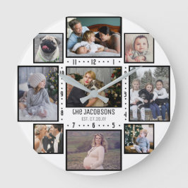 Familie Foto Collage 9 Aangepaste foto's Naam Wit  Ronde Klok