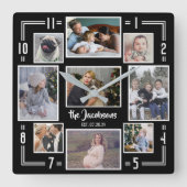 Familie Foto Collage 9 Pic Black White Stripe Name Vierkante Klok (Voorkant)