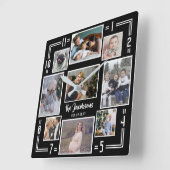 Familie Foto Collage 9 Pic Black White Stripe Name Vierkante Klok (Hoek)