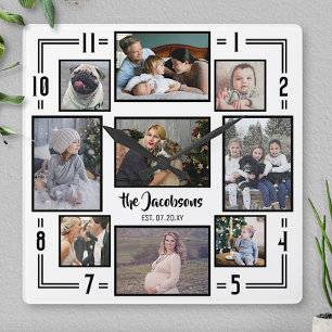 Familie Foto Collage 9 Pic White Black Stripe Naam Vierkante Klok