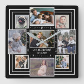 Familie Foto Collage 9 Pics Naam Black Striped Mod Vierkante Klok (Voorkant)