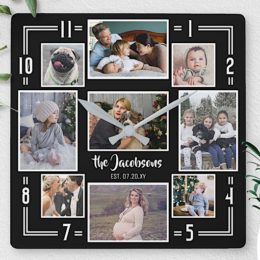 Familie Foto Collage 9 Pics Naam Black Striped Mod Vierkante Klok
