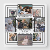 Familie Foto Collage 9 Pics Naam White Striped Mod Vierkante Klok (Voorkant)