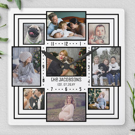 Familie Foto Collage 9 Pics Naam White Striped Mod Vierkante Klok