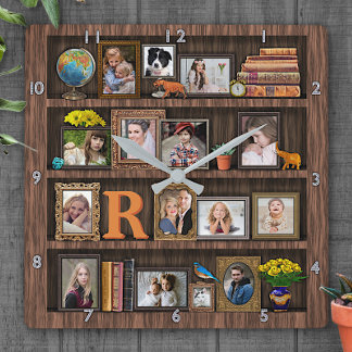 Familie Foto Collage Antiek boekenkast Persoonlijk Vierkante Klok
