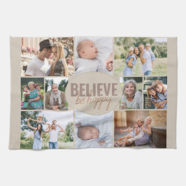 Familie Foto Collage Believe Quote Neutral Beige Theedoek