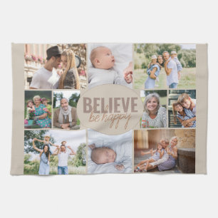 Familie Foto Collage Believe Quote Neutral Beige Theedoek