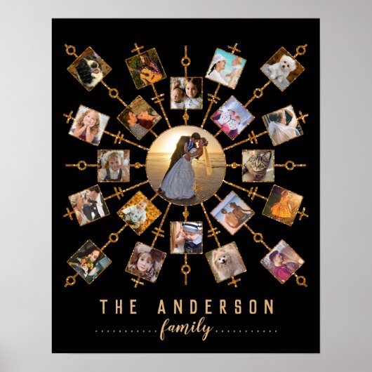 Familie Foto Collage Black Gold + Naam 21 Afbeeldi Poster (Voorkant)