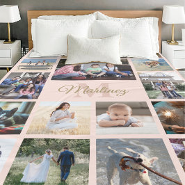 Familie Foto Collage Blush Pink & Gold Monogramed Fleece Deken