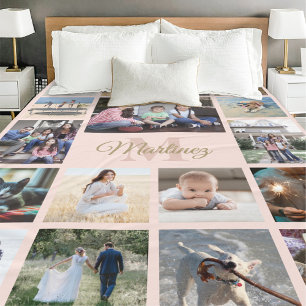 Familie Foto Collage Blush Pink & Gold Monogramed Fleece Deken
