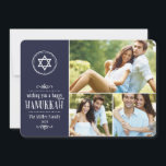 Familie Foto Collage Chanoeka Kaart<br><div class="desc">Leuk modern Chanoeka vakantie fotokaart ontwerp beschikt over een fotocollage met ruimte voor drie van uw familie foto's met een ster van David en geschetste details voor een handgemaakte gevoel. Typografie in handschrift leest Wishing you a happy Chanoeka. Personaliseer het ontwerp met de naam van uw familie en het jaar....</div>