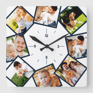 Familie Foto collage Chic Blue en White Vierkante Klok