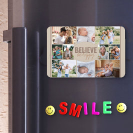 Familie Foto Collage en Happy Quote Neutral Beige Magneet