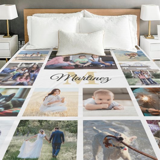 Familie Foto Collage Gold Black White Monogramed Fleece Deken