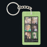 Familie Foto Collage Green White Stippen - Aangepa Sleutelhanger<br><div class="desc">Deze acryl zeer belangrijke ketting biedt zes kaders van de douanefoto voor u aan om een collage van uw favoriete familiefoto's toe te voegen. De achtergrond is fel groen met een klein wit puntpatroon. De tekst van de douane, dichtbij de bodem, staat u toe om jouw naam toe te voegen....</div>