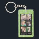 Familie Foto Collage Green White Stippen - Aangepa Sleutelhanger<br><div class="desc">Deze acryl zeer belangrijke ketting biedt zes kaders van de douanefoto voor u aan om een collage van uw favoriete familiefoto's toe te voegen. De achtergrond is fel groen met een klein wit puntpatroon. De tekst van de douane, dichtbij de bodem, staat u toe om jouw naam toe te voegen....</div>