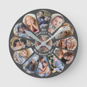 Familie Foto Collage Grijs 13 Custom Bloem Vorm Ronde Klok