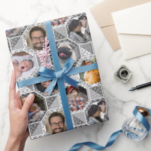 Familie foto collage grijze quilt look 28 Aangepas Cadeaupapier