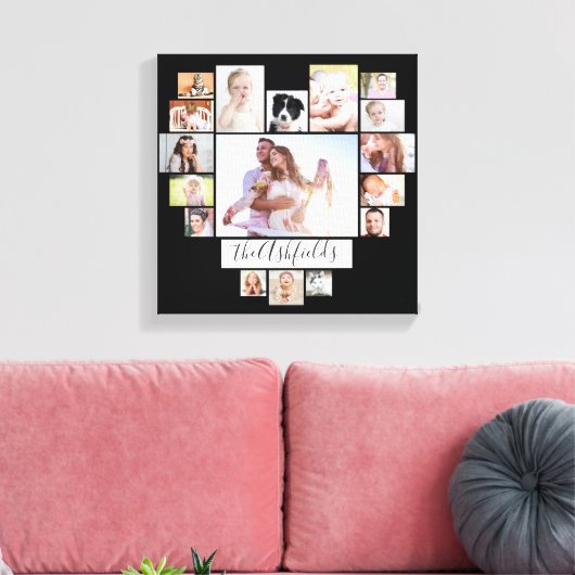 Familie Foto Collage Heart 17 Afbeeldingen Naam Zw Canvas Afdruk (Insitu (Woonkamer))