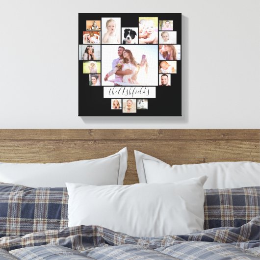 Familie Foto Collage Heart 17 Afbeeldingen Naam Zw Canvas Afdruk (Insitu (Slaapkamer))