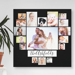 Familie Foto Collage Heart 17 Afbeeldingen Naam Zw Canvas Afdruk