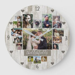 Familie Foto Collage Heart 17 Pic Name Rustic Wood Grote Klok